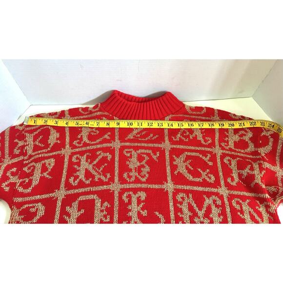 Vtg 80s Adele Boho Christmas All Over ABC Print Knit Sweater Gold/red Sz M - Picture 8 of 10